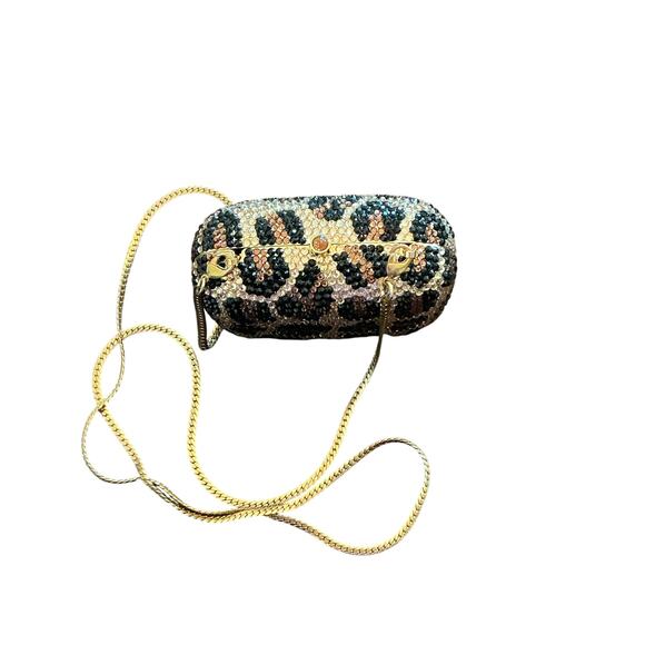 Mini Crystallized Embellished Evening Shoulder Bag Clutch Purse Leopard Gold - Picture 15 of 16